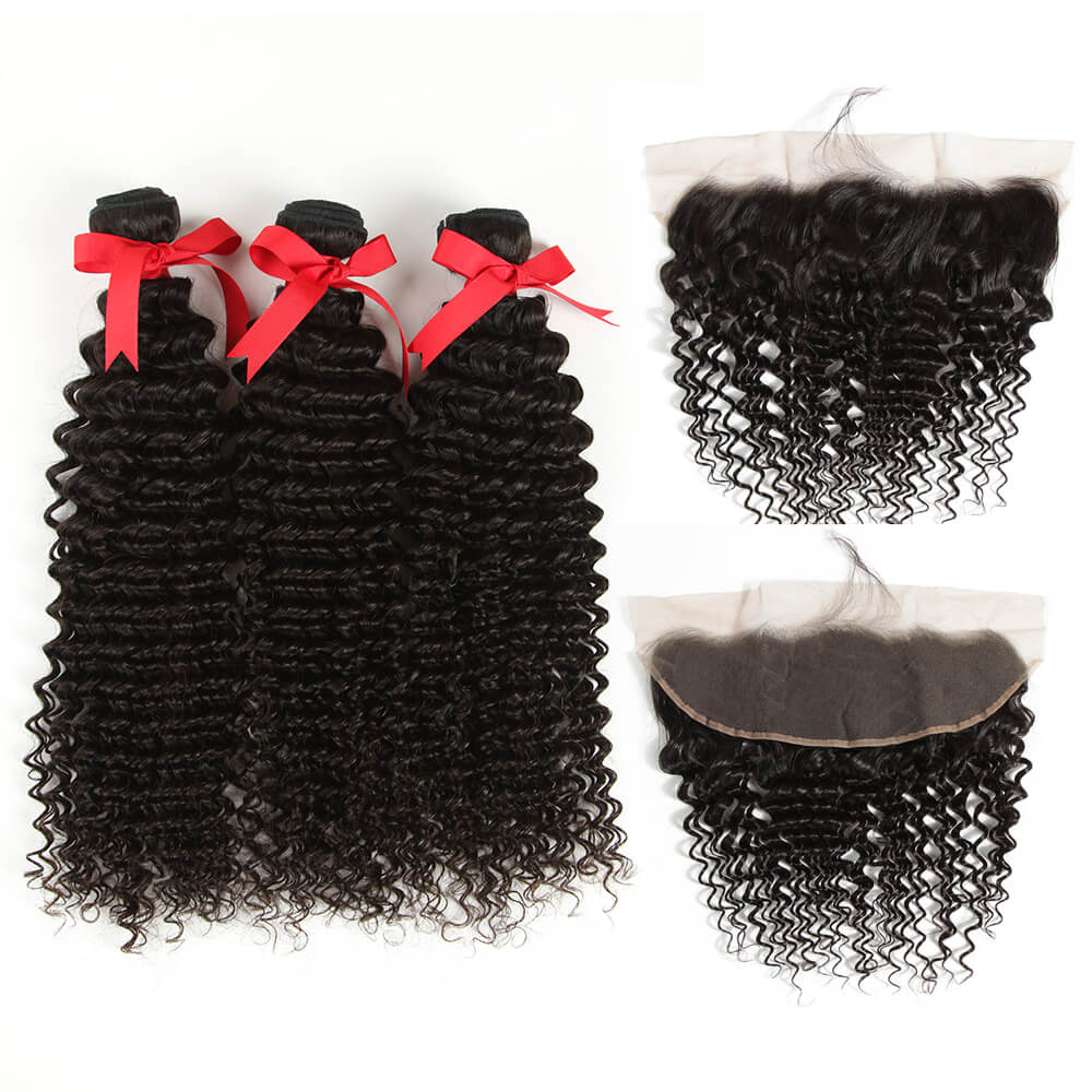 curly natural black human hair bundles with 13*4 lace closure hair weave