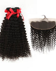qvr curly natural black human hair bundles with 13*4 lace closure hair weave