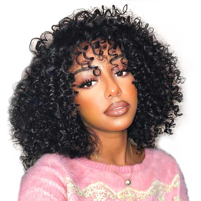 kinky curly bob wigs with bangs, 12a grade human hair full fringe wig for black women