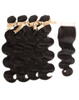 natural black body wave human hair bundles with 4x4 closure virgin hair weave