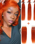 ginger orange straight human hair bundles with closured straight hair weave