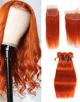 qvr ginger orange straight human hair bundles with closured straight hair weave