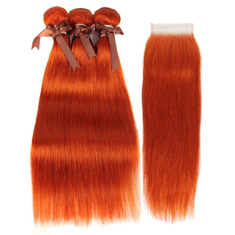 ginger orange straight raw hair 3 bundles with 4x4 lace closure hair weave