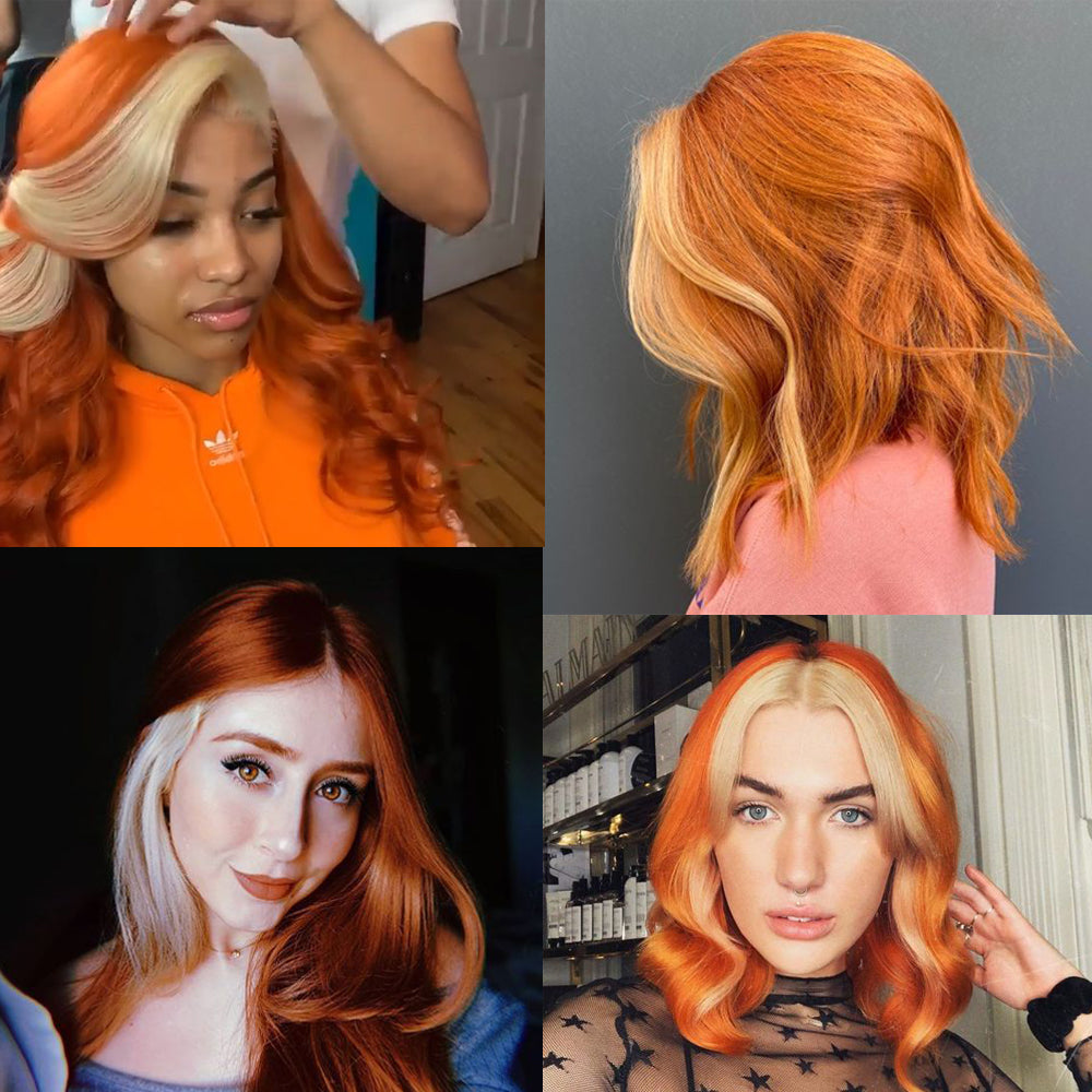 skunk stripe style ginger orange and blonde body wave human hair