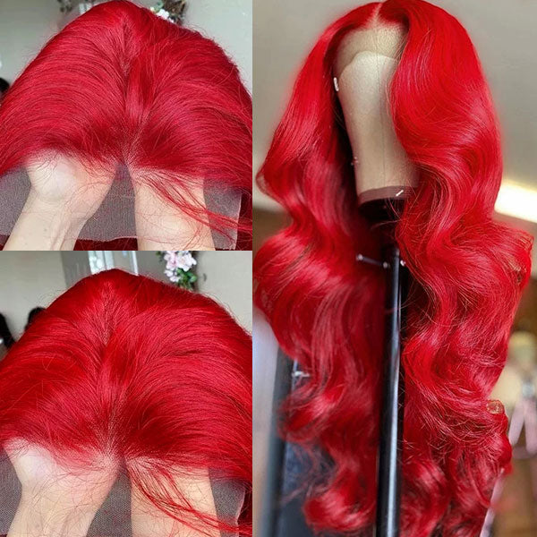 human hair lace wigs, 32 inch red body wave with pre-plucked details