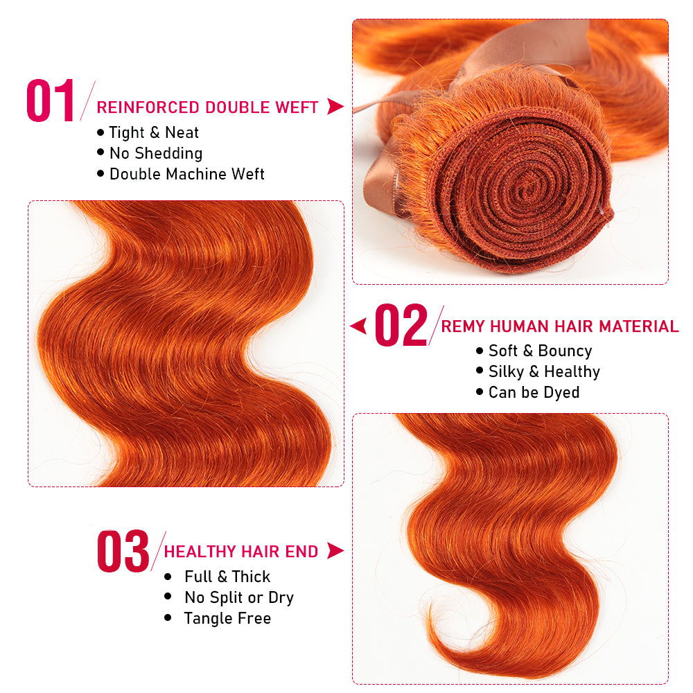 Queen Virgin Remy Ginger Human Hair 3 Bundles Body Wave Hair Orange Color