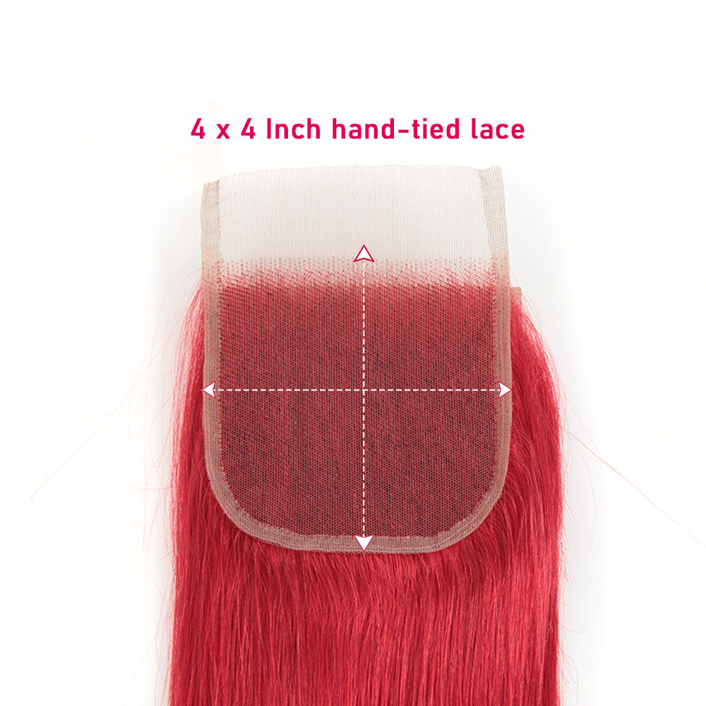 hand tied lace closured straight red human hair weave