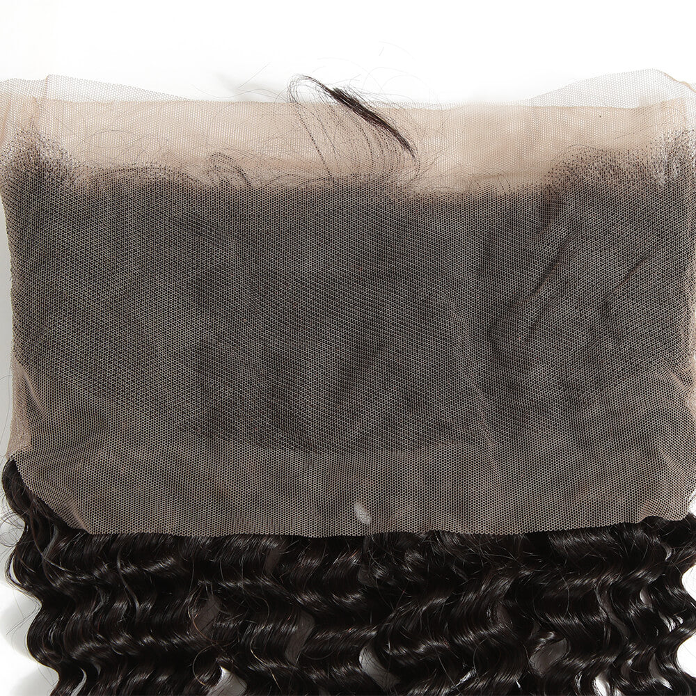 hand tied curly wave natural black hair with lace frontal closure