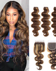qvr brown highlight body wave human hair bundles with lace closure piano color virgin human hair