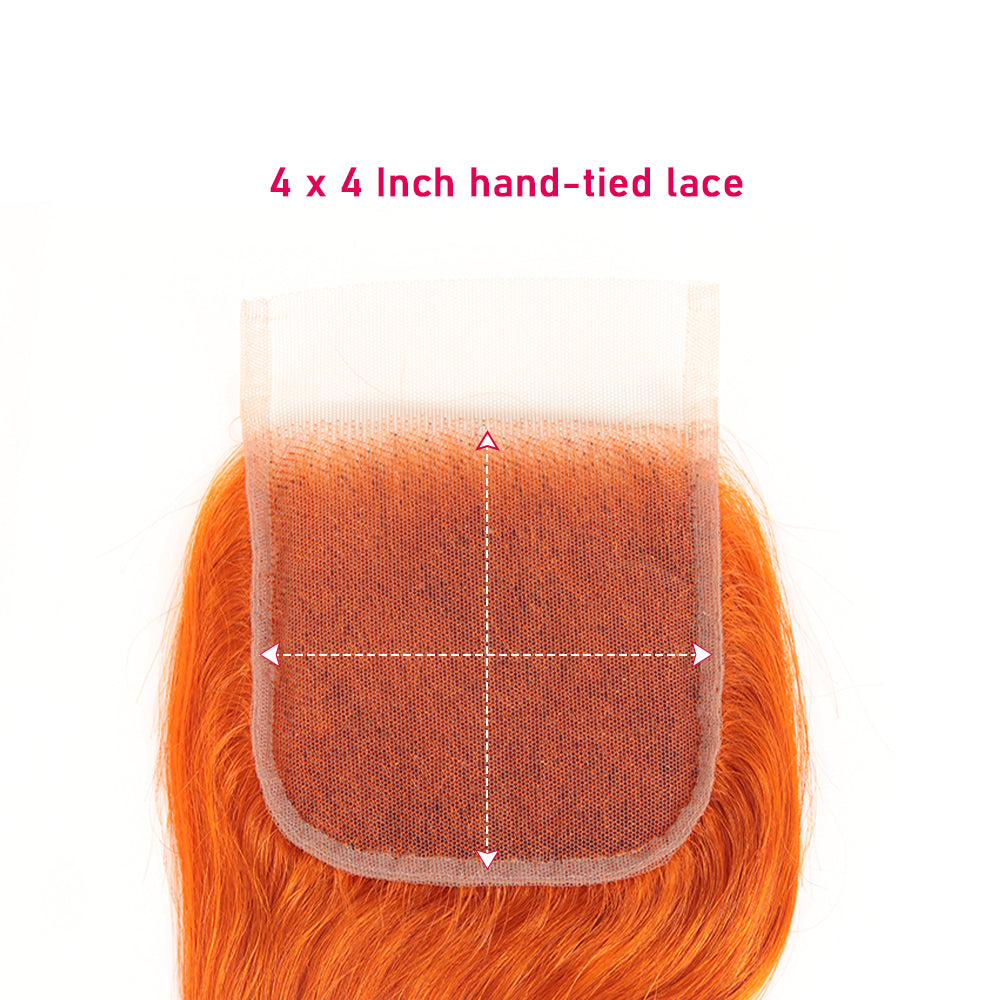 4x4 hand tied lace closured body wave ginger orange virgin human hair