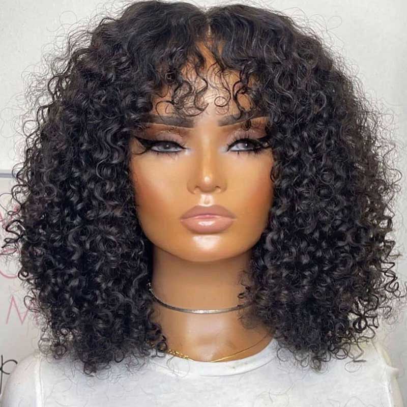 12a grade kinky curly bob wigs, brazilian human hair wigs with bangs for natural black hair