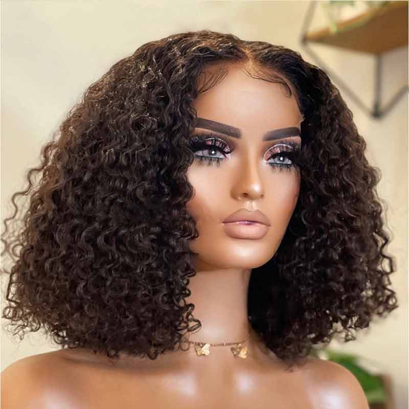 elegant curly bob wigs, natural black 4x4 lace closure human hair short bob wigs