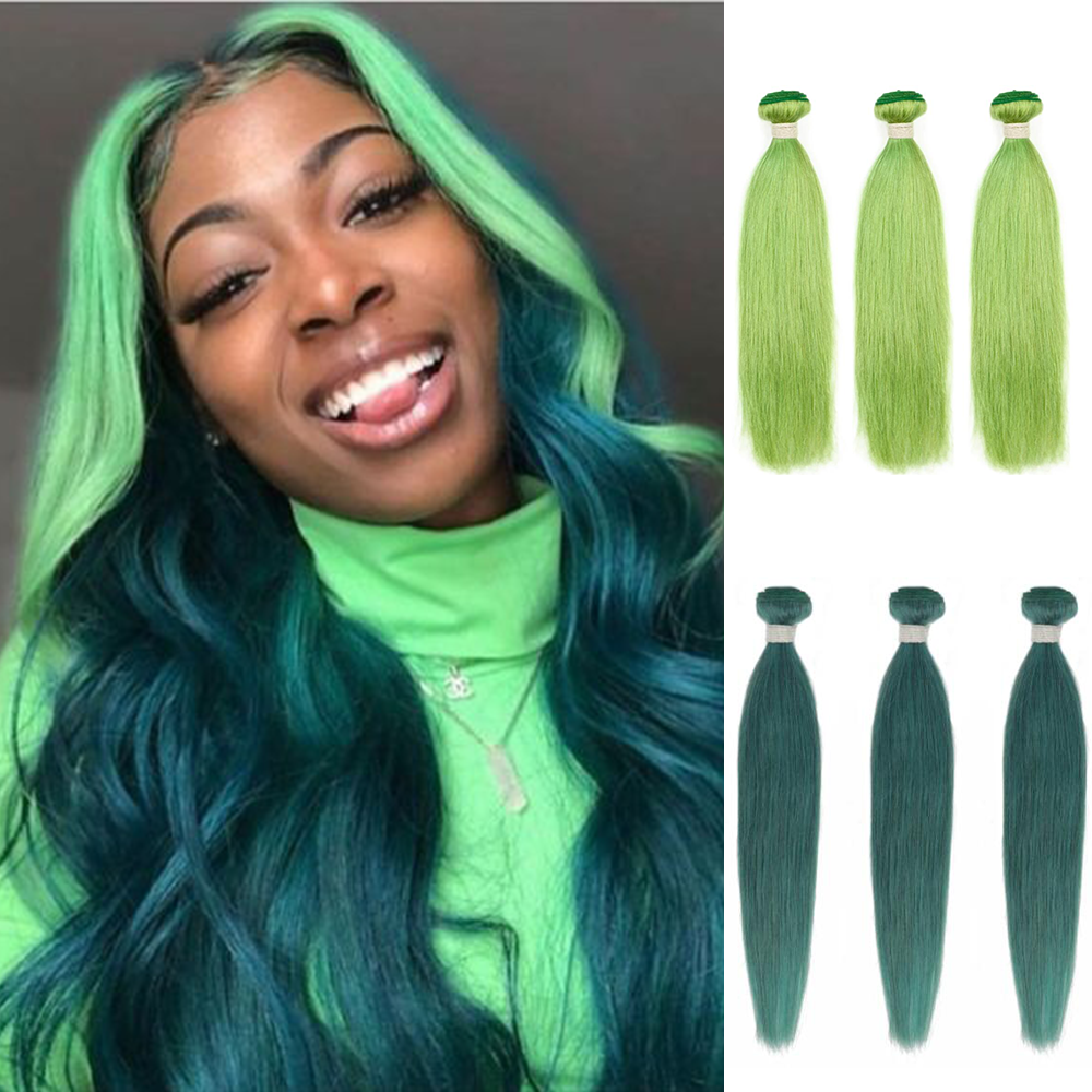 qvr lemon green and teal green straight virgin human hair bundles