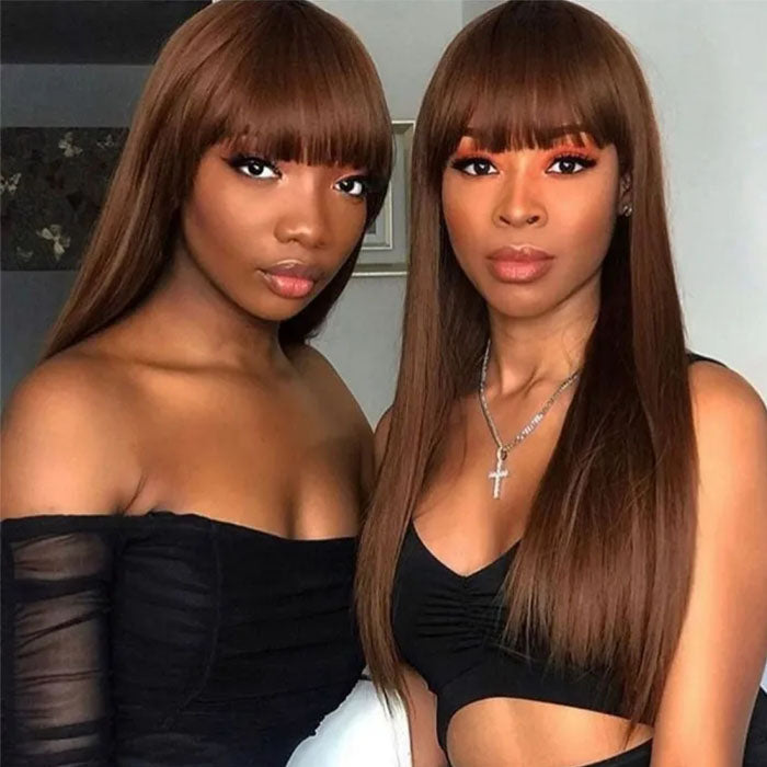 qvr glueless wigs straight chocolate brown with bangs for black women