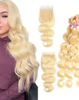 qvr body wave 613 blonde human hair bundles 3pcs with hair weave with 4x4 lace closure
