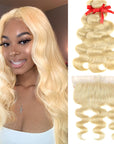 qvr 613 blonde body wave human hair bundles with 13*4 lace closure hair weave
