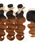 ombre brown t1b/30 body wave human hair 3 bundles with 4x4 lace closure virgin hair weave