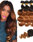 qvr ombre brown t1b/30 body wave human hair bundles with 4x4 lace closure virgin hair weave
