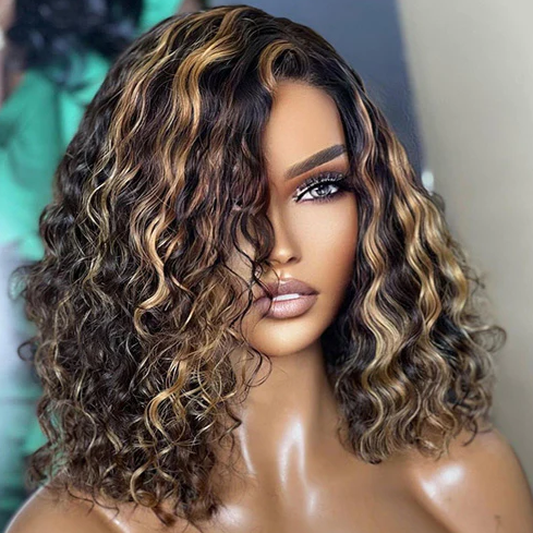balayage bob style water wave short bob wigs, 4x4/13x4/13x6 lace frontal colored human hair bob wigs for Black women