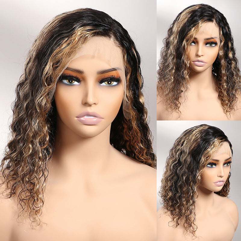 luxurious balayage short bob wigs, water wave colored human hair 13x6 lace frontal bob wigs for natural Black hair