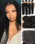 qvr nautral black deep wave human hair bundles with 4x4 lace closure virgin hair