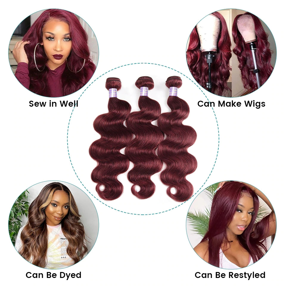 glossy look burgundy 99j brazilian hair body wave human hair bundles