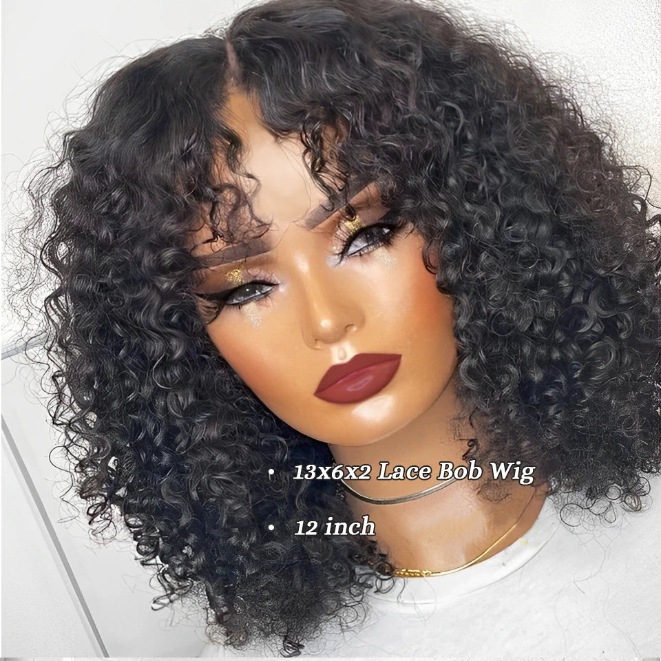 QVR Deep Curly Short Bob Wigs for Black Women - Lace Closure Human Hair