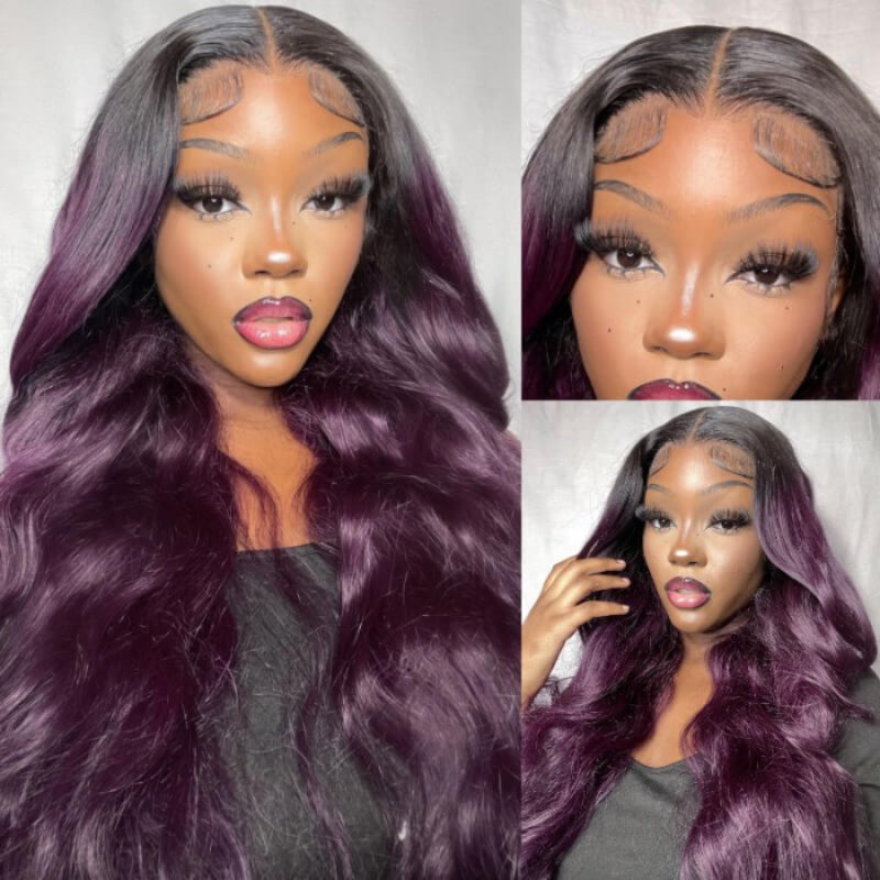 smokey dark purple human hair lace wigs with black root