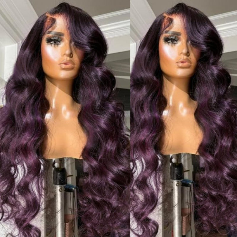 ombre human hair wigs with dark purple color and black roots