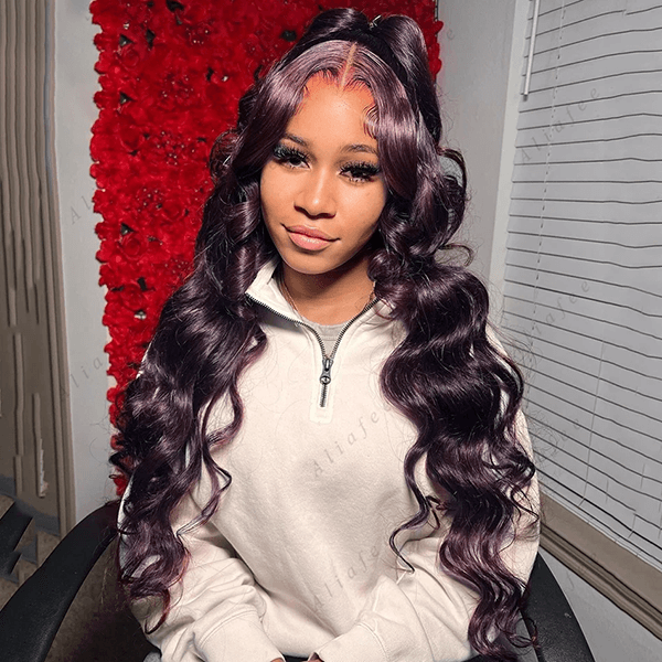 human hair wigs dark purple body wave lace front