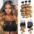qvr t1b/27 honely blonde color brazilian body wave human hair bundles with 4x4 lace closure