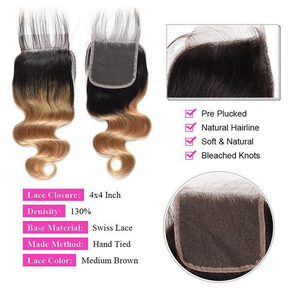 130% density t1b/27 brazilian body wave human hair bundles with 4x4 lace closure