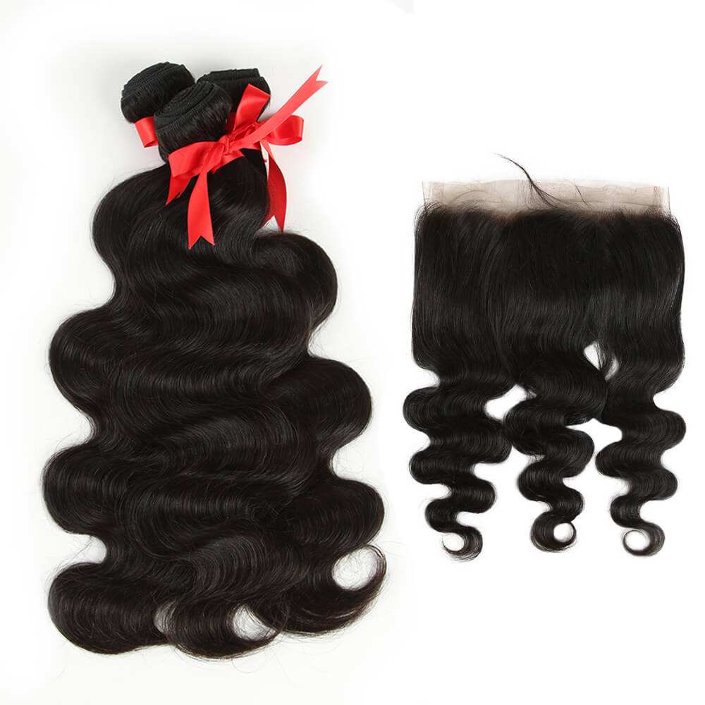 qvr body wave natural black human hair bundles with 360 lace frontal hair weave