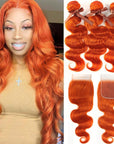 ginger oragned colored body wave human hair bundles with lace closured human hair weave