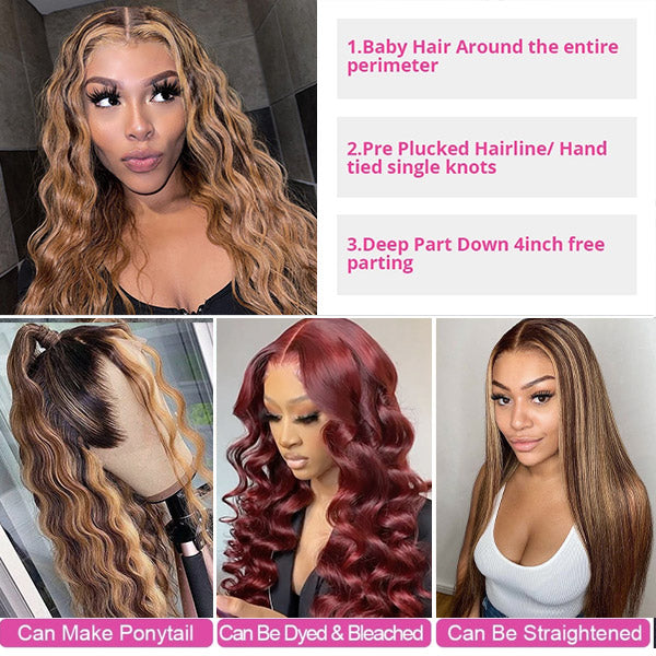 Highlight Wigs Loose Deep 4*4 Lace Closure Wigs Human Hair Wigs with Highlights HD Transparent Lace Wig