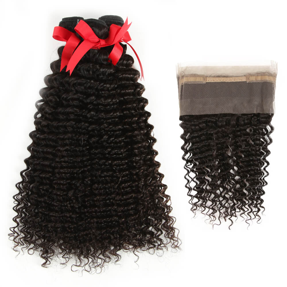 natural black curly human hair bundles with 360 lace closure hair weave