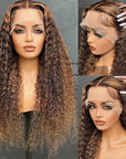 human hair wigs 13x4 transparent lace front with honey blonde curly highlight