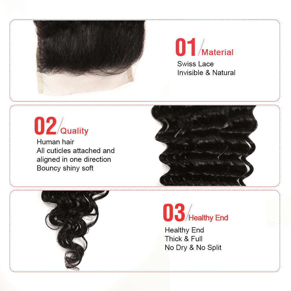 advantages of deep wave natural black virgin human hair with 4x4 lace closure