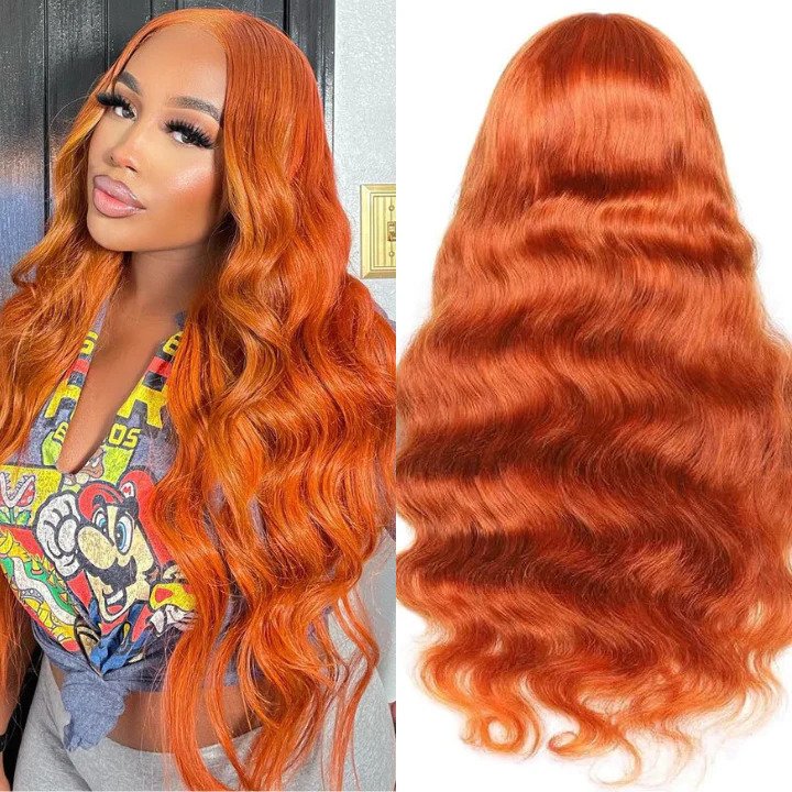 qvr wigs ginger orange body wave 4x4 lace closure pre-plucked human hair