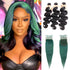 qvr black wavy human hair bundles and jade green virgin human hair with lace closure skunk stripe hairstyle