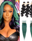 qvr black wavy human hair bundles and jade green virgin human hair with lace closure skunk stripe hairstyle
