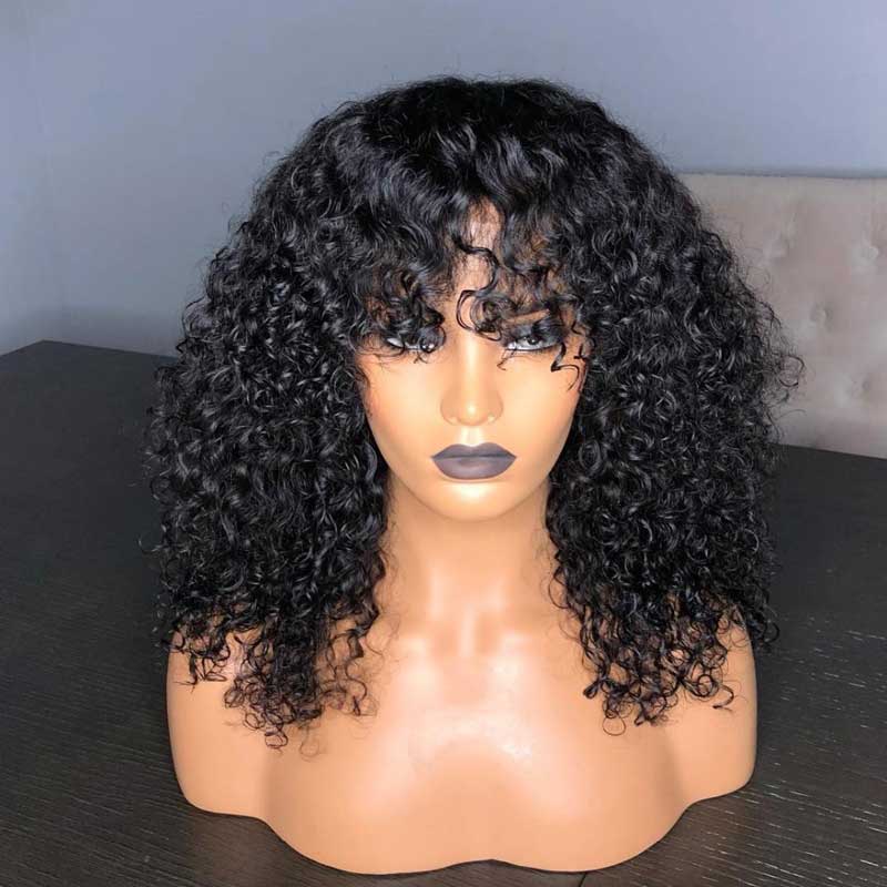 beautiful kinky curly bob wigs, 12a grade human hair with bangs for natural black hair