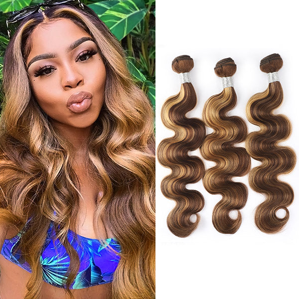 highlight p4/27 body wave human hair bundles with 4x4 lace closure