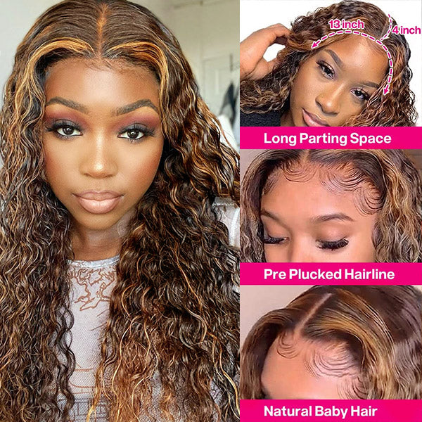 human hair lace wigs 30inch deep wave with ombre honey blonde for black women