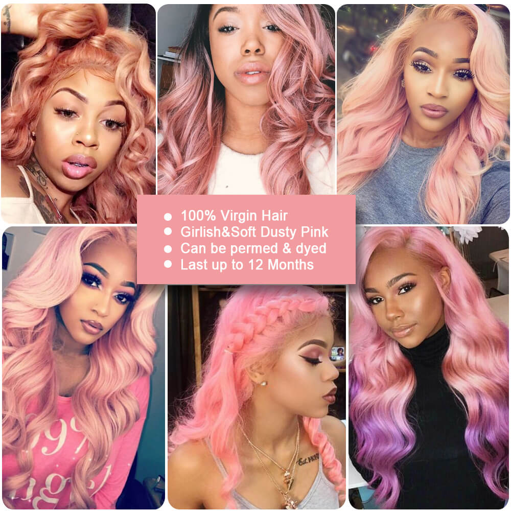 restyled pink2 body wave human hair weave with 4x4 lace closure