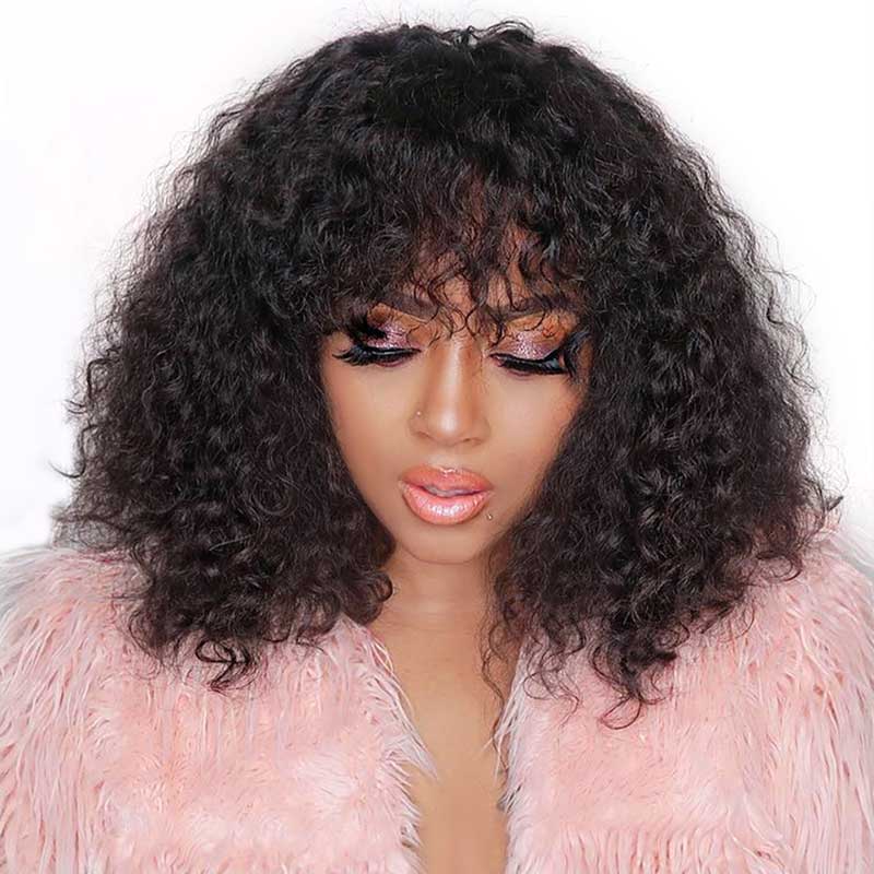 full machine made kinky curly bob wig, 12a grade human hair wig with bangs for african american women