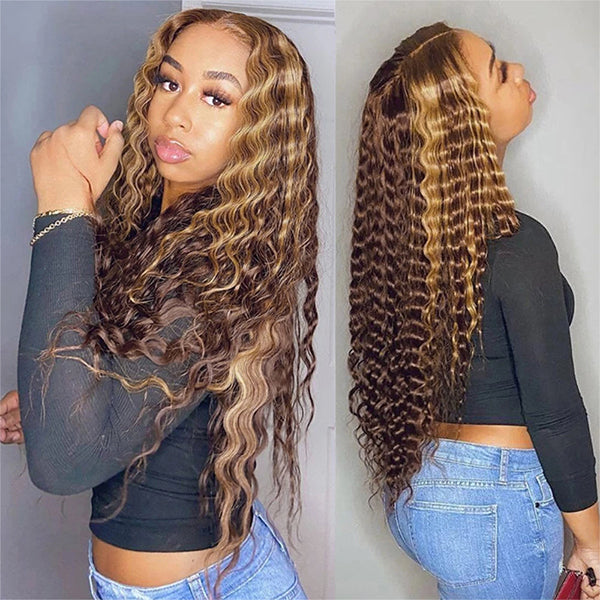 human hair wigs 30inch ombre honey blonde deep wave 13x4 lace frontal