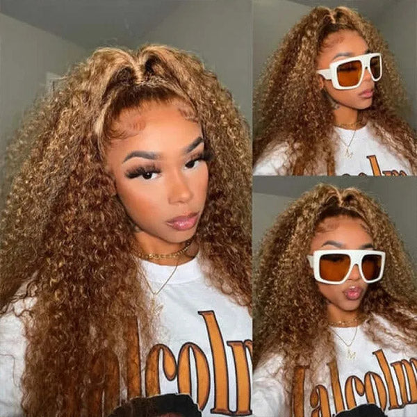 qvr wigs curly human hair lace front wig honey blonde color for black women