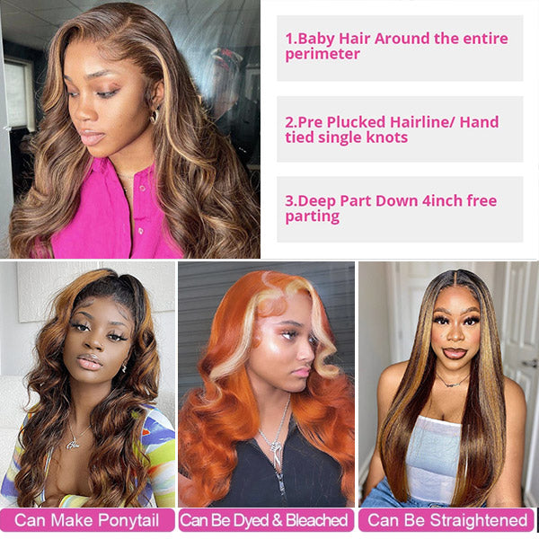 QVR Body Wave Perruques de cheveux humains Highlight Balayage HD Lace Front Wigs 4x4 5x5 Lace Closure Wigs