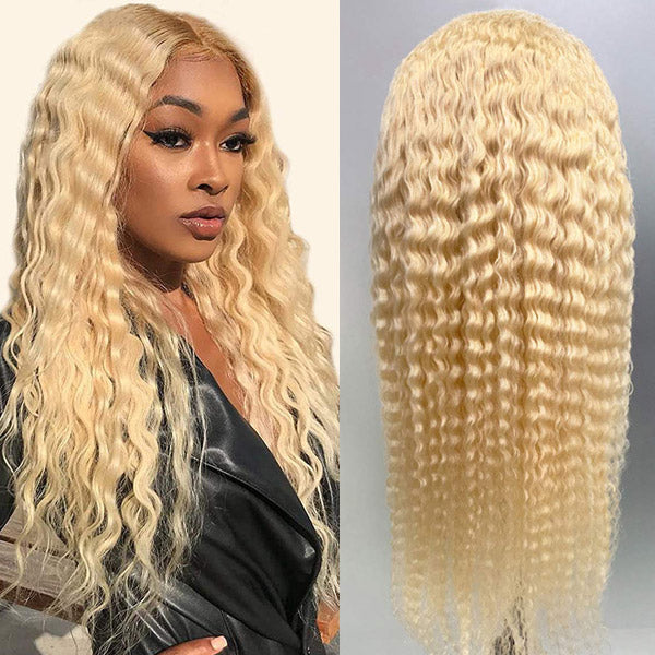 qvr wigs 613 honey blonde lace front human hair deep wave wig